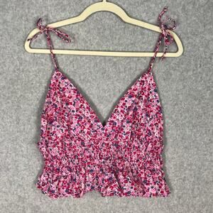 Sim Sam Smocked Crop Top‎ Large Floral Ruffle Milkmaid Beachy Coquette Feminine